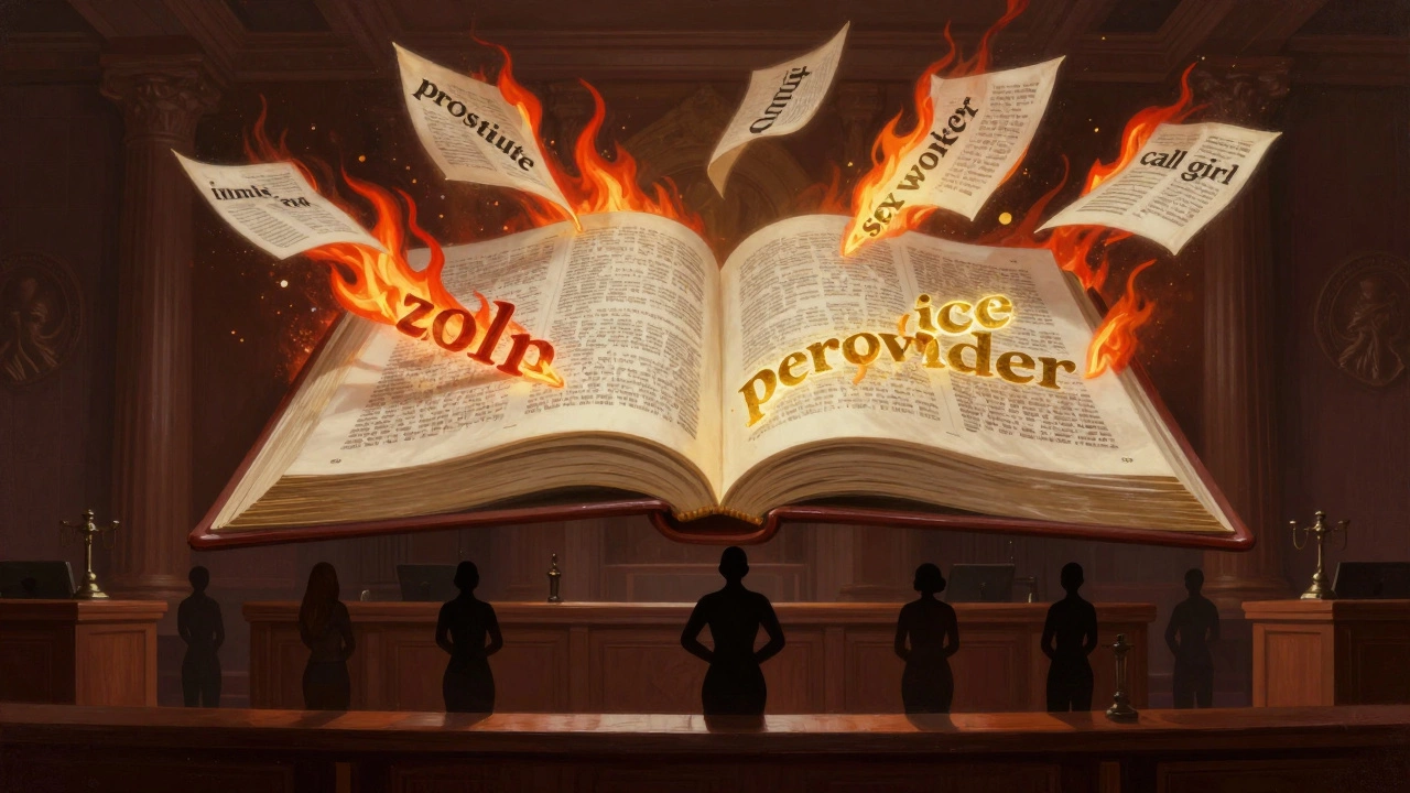 A burning dictionary in a courtroom, old stigmatizing terms destroyed as new respectful ones shine.