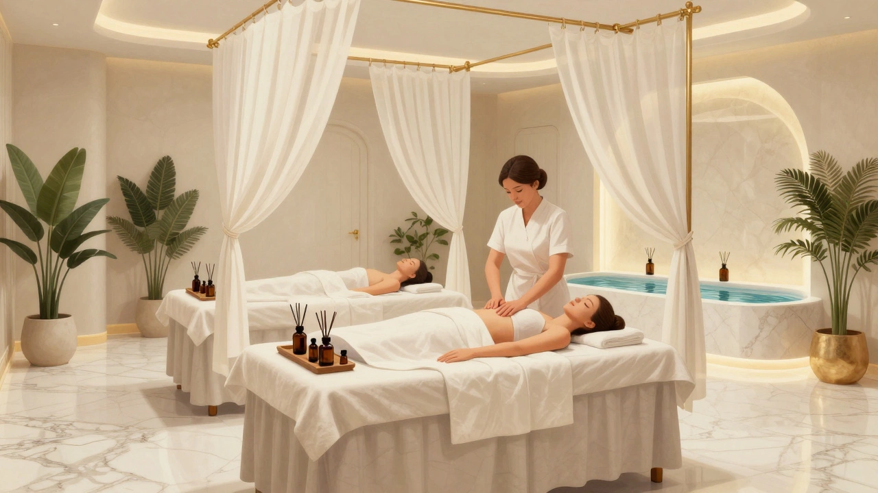 A luxurious Dubai spa with a client receiving a professional massage in a serene, elegantly designed room with golden lighting and plants.