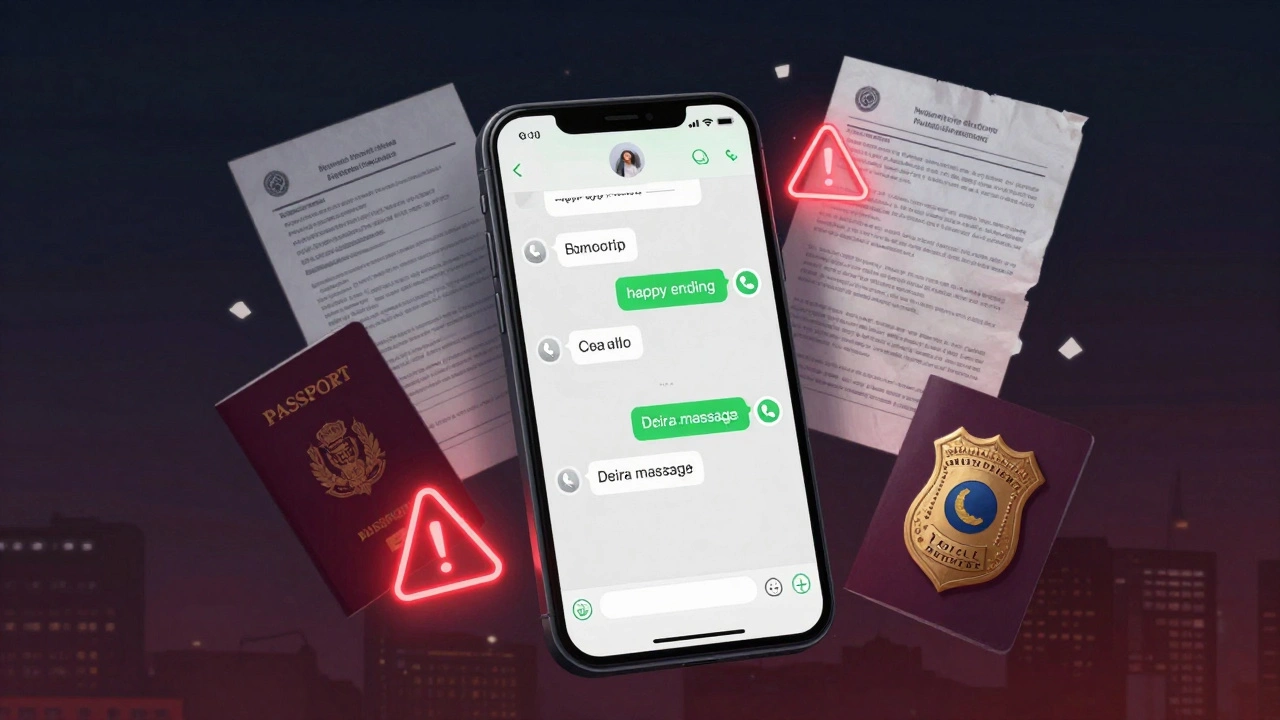 A smartphone showing encrypted messages about illegal massage services, surrounded by legal documents and a police badge in dark surroundings.