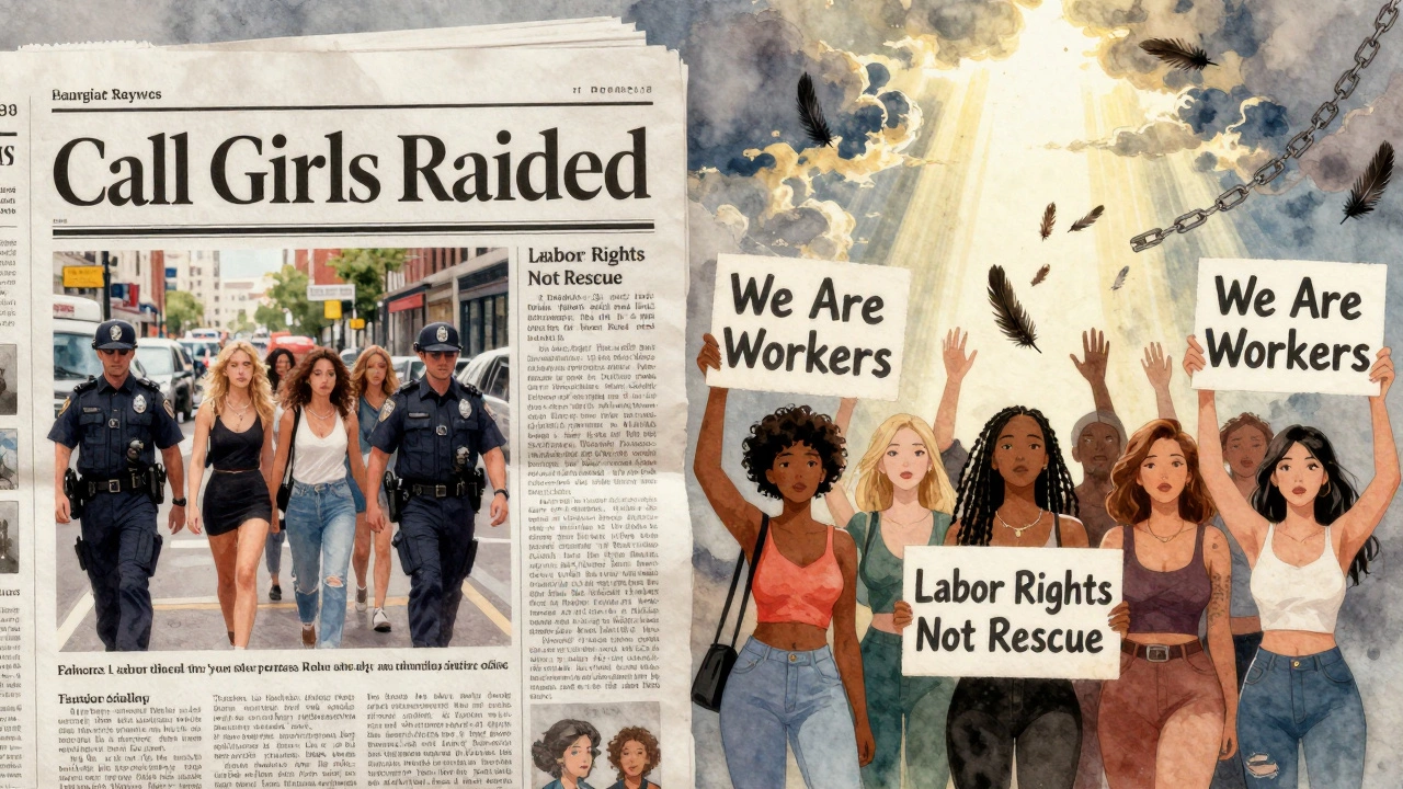 Split illustration: police arresting women on one side, sex workers demanding rights on the other.